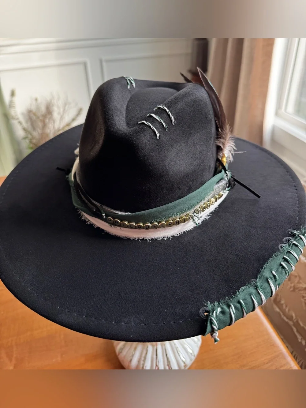 Hand Crafted Philadelphia Eagles Embellished Wide-Brim Vegan Suede Festival Hat